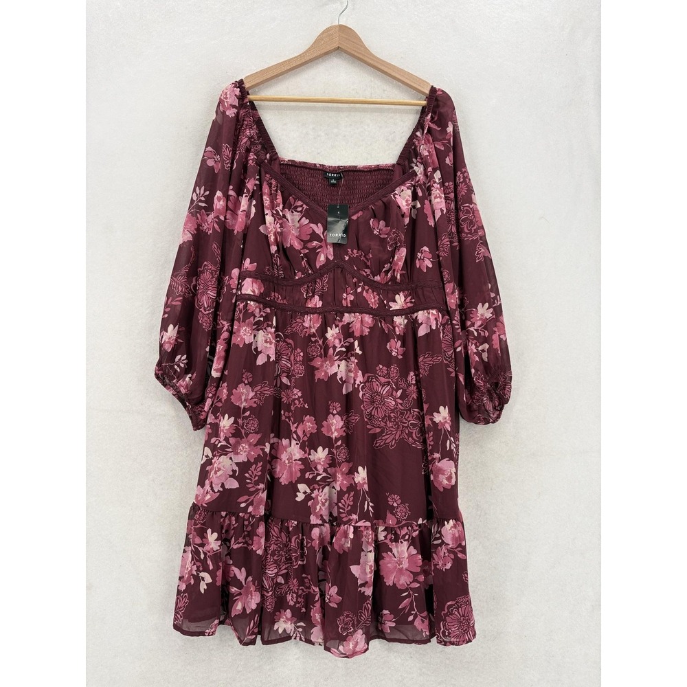Torrid Whitney Floral Dress Womens 2X Red Plum Chiffon Smocked Mini Boho NWT
